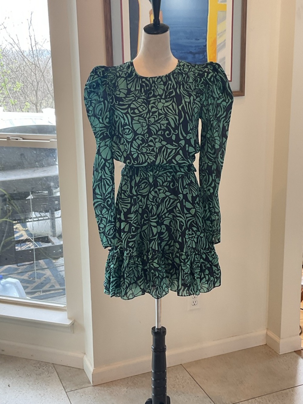 SILK Tanya Taylor Teal and Black Floral Long-Sleeve Dress - Picture 2 of 12